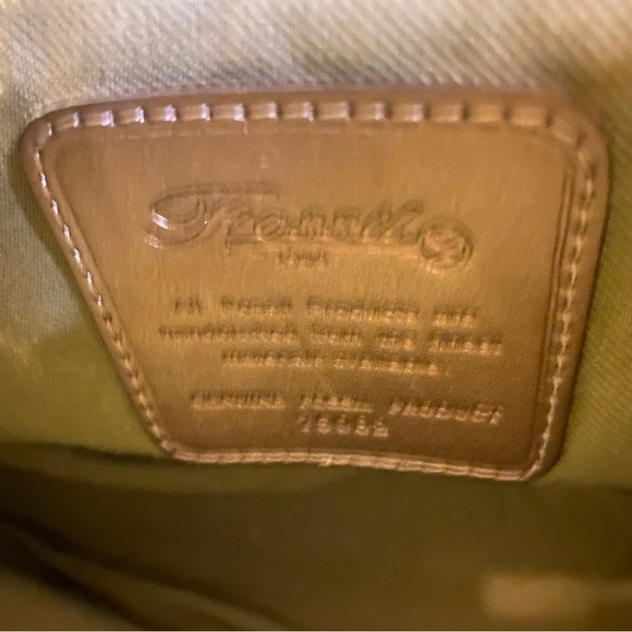 Fossil handbag dark Hawaiian tropical palm print wooden handles or strap - Picture 7 of 13